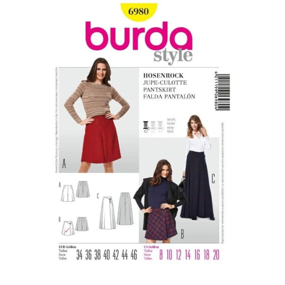 Burda Pattern 6980 Pantskirt Skort New Sizes 8-20 Golf Work Career